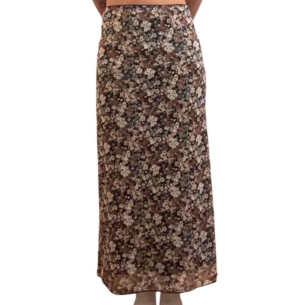 RSQ Black Pink White Green Floral Double Layer Mesh Stretch Midi Skirt Size L